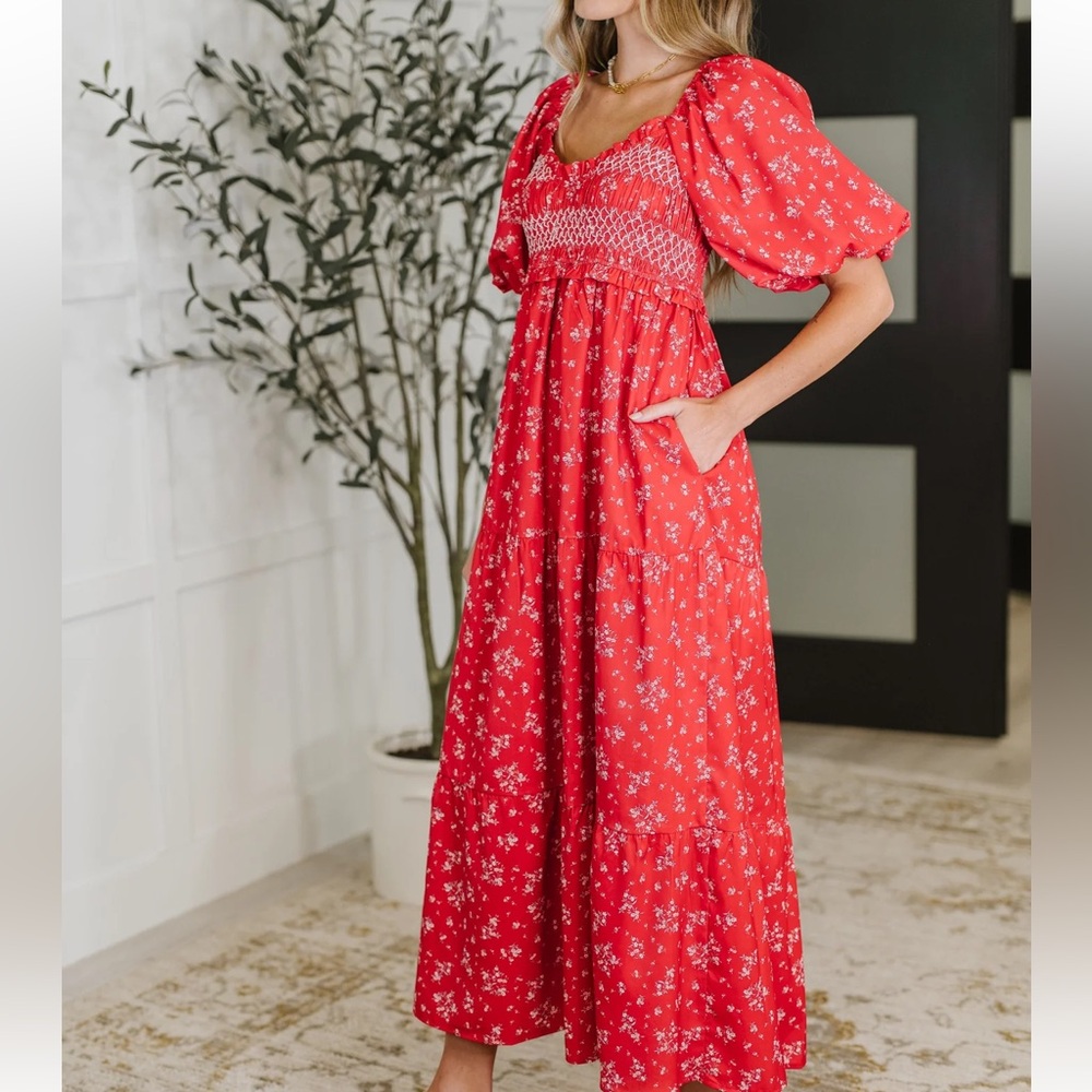 NWT Baevely Floral Smocked Midi/Maxi Puff Dress - Picture 2 of 15